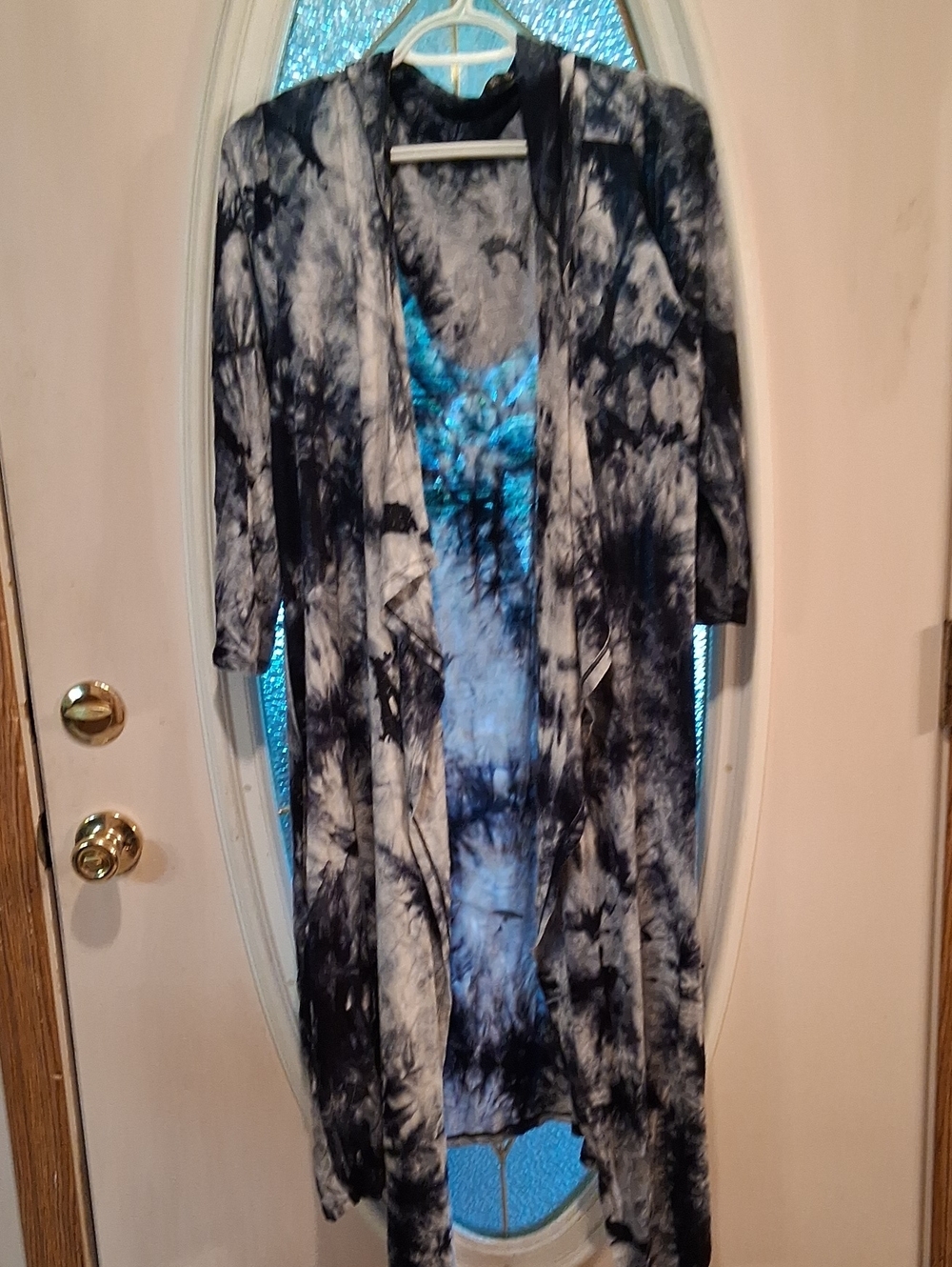 Tie-Dye Duster Cardigan Long Hoodie - Blue & White